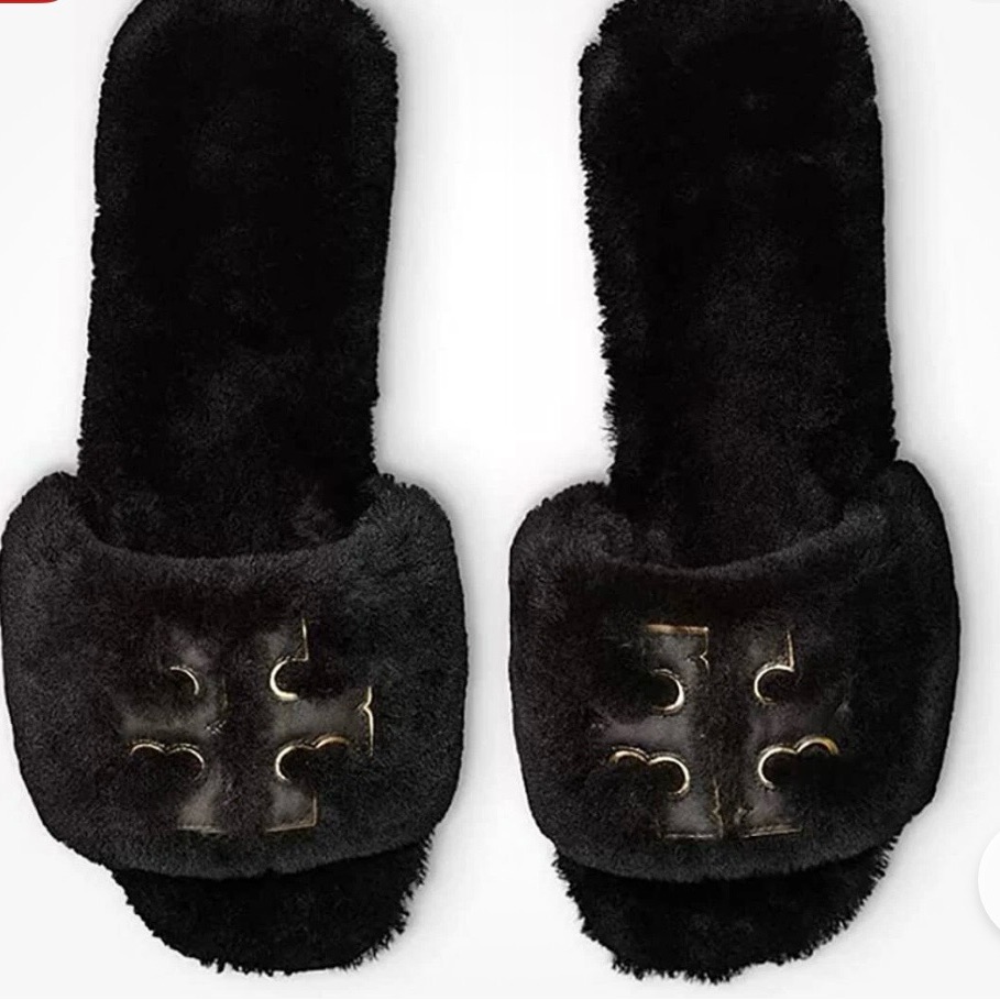 Tory Burch Black Fur Slides